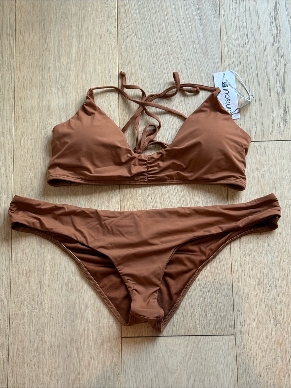 Quintsoul Brown Bronze Strappy Bikini Set Ruched Cheeky Two Piece Swimsuit NWT